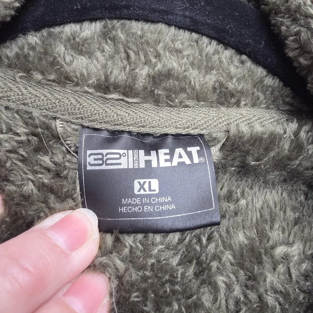 32 Degrees Heat Jacket Mens XL Gray Full Zip Fleece Faux Fur Plush Warm Pockets